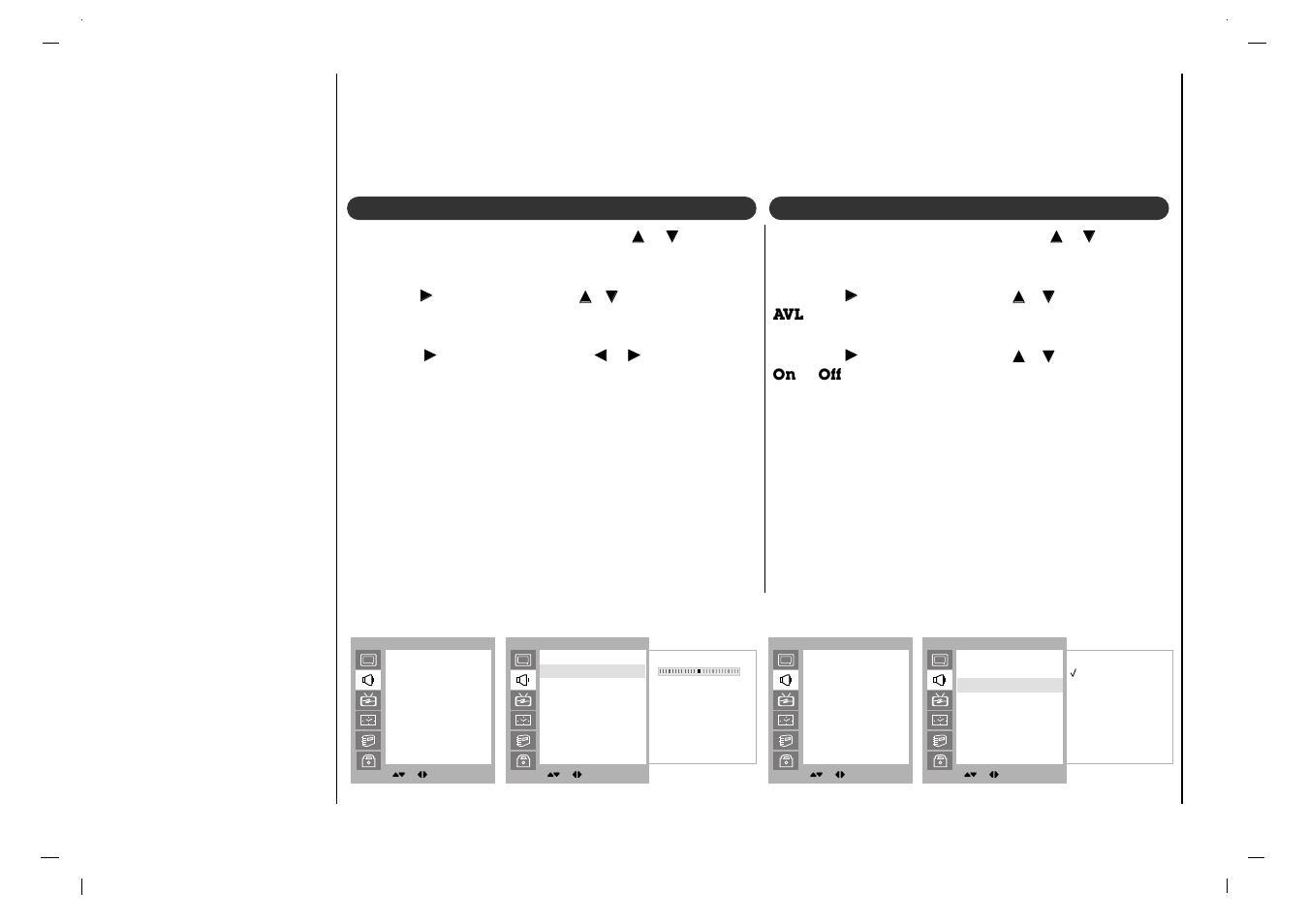 Sound menu, Avl (auto volume leveler) balance | Jwin JV-DTV37 User Manual | Page 20 / 132