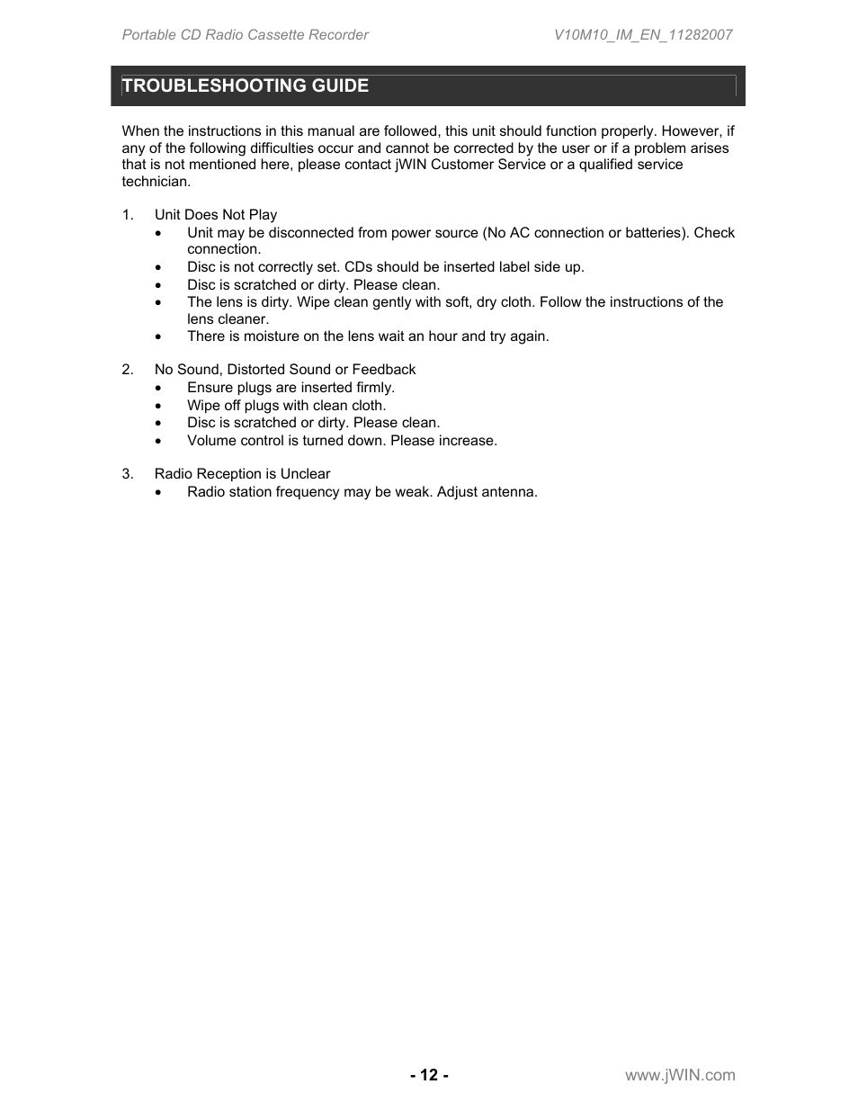 Troubleshooting guide | Jwin JX-CD483 User Manual | Page 13 / 16