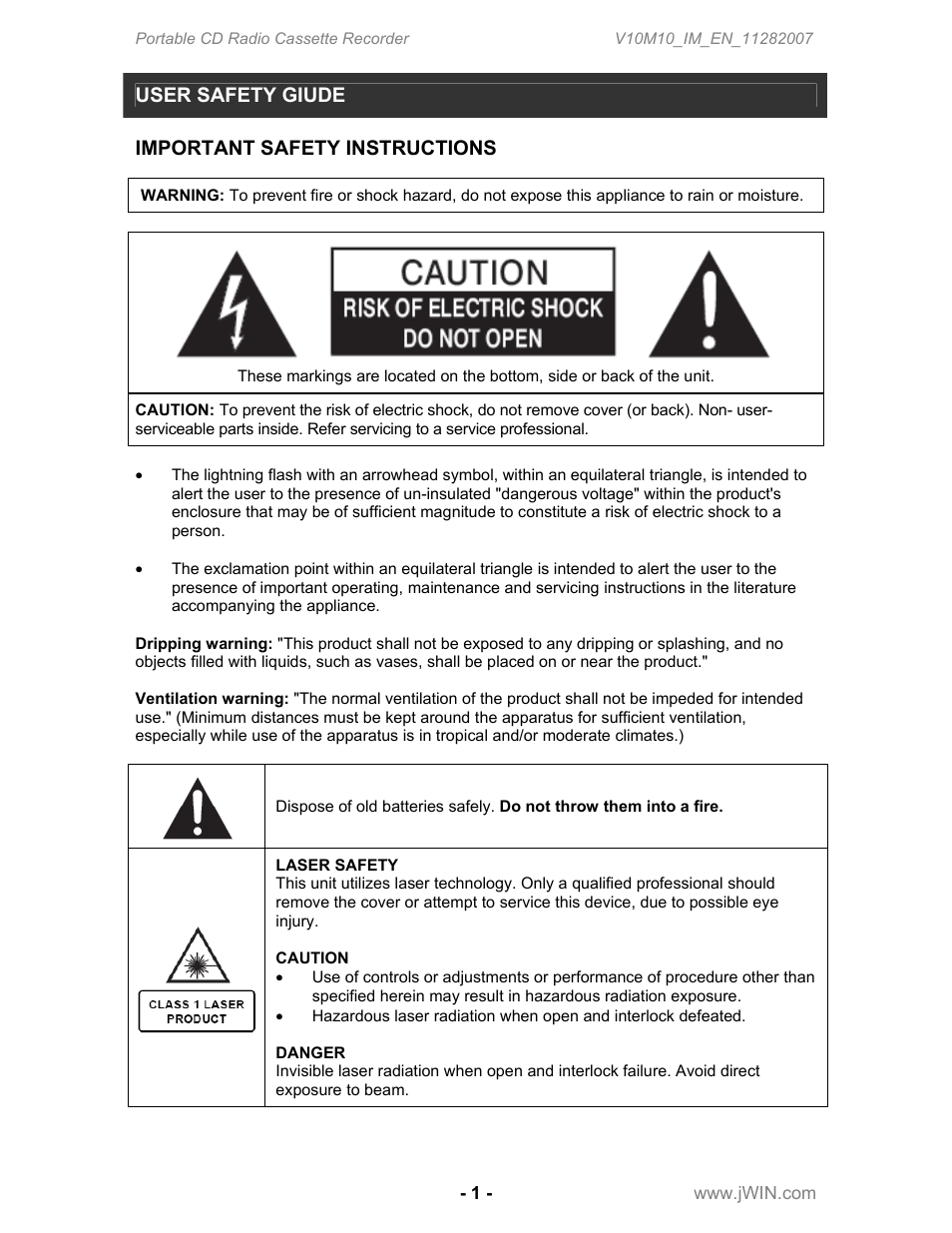User safety giude, Important safety instructions | Jwin JX-CD483 User Manual | Page 2 / 16
