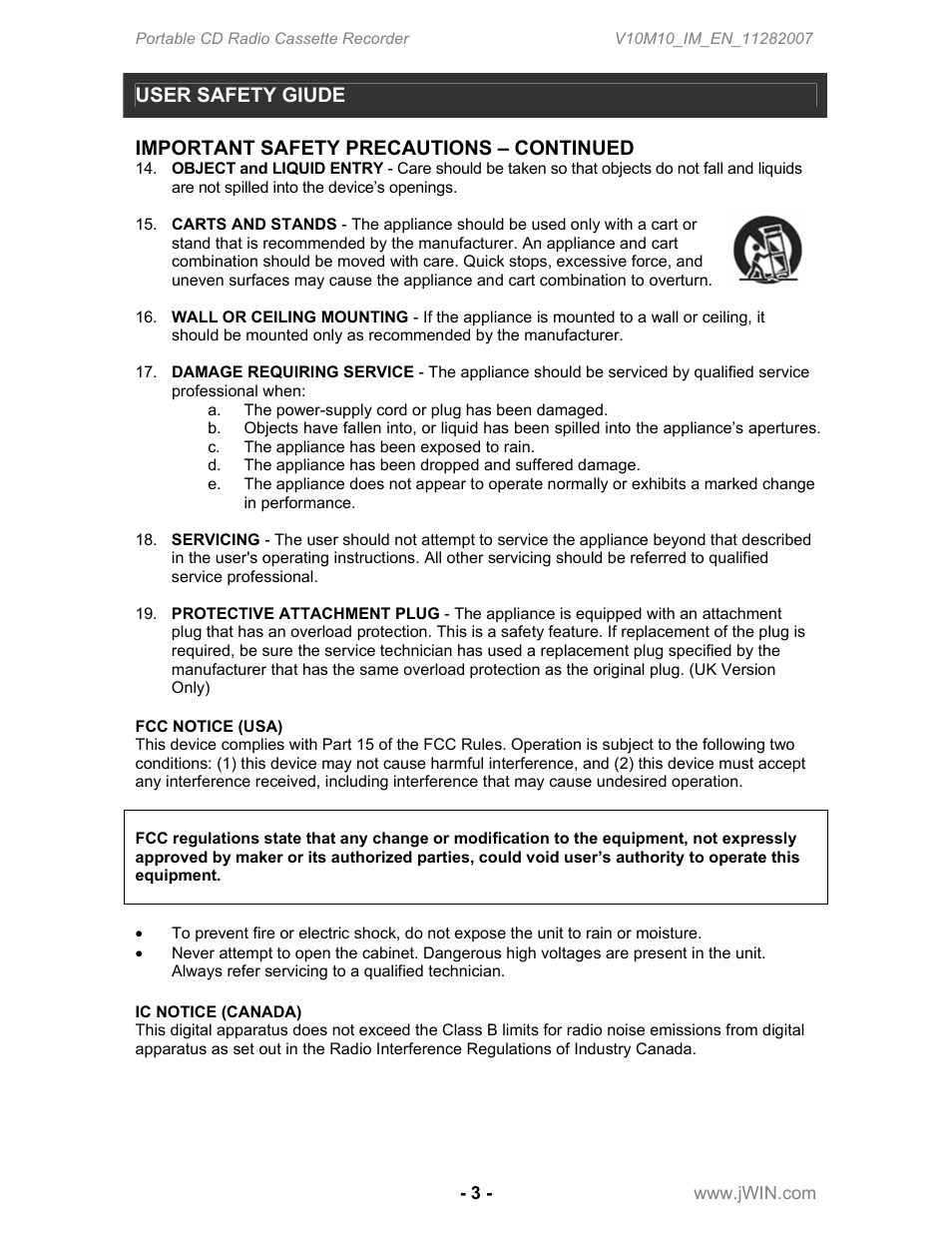 User safety giude, Important safety precautions – continued | Jwin JX-CD483 User Manual | Page 4 / 16