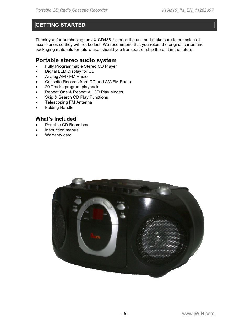 Portable stereo audio system, Getting started, What’s included | Jwin JX-CD483 User Manual | Page 6 / 16