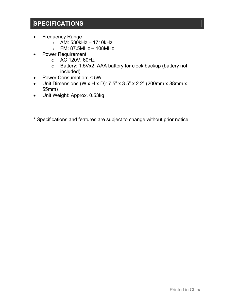 Specifications | Jwin JL-355 User Manual | Page 11 / 12