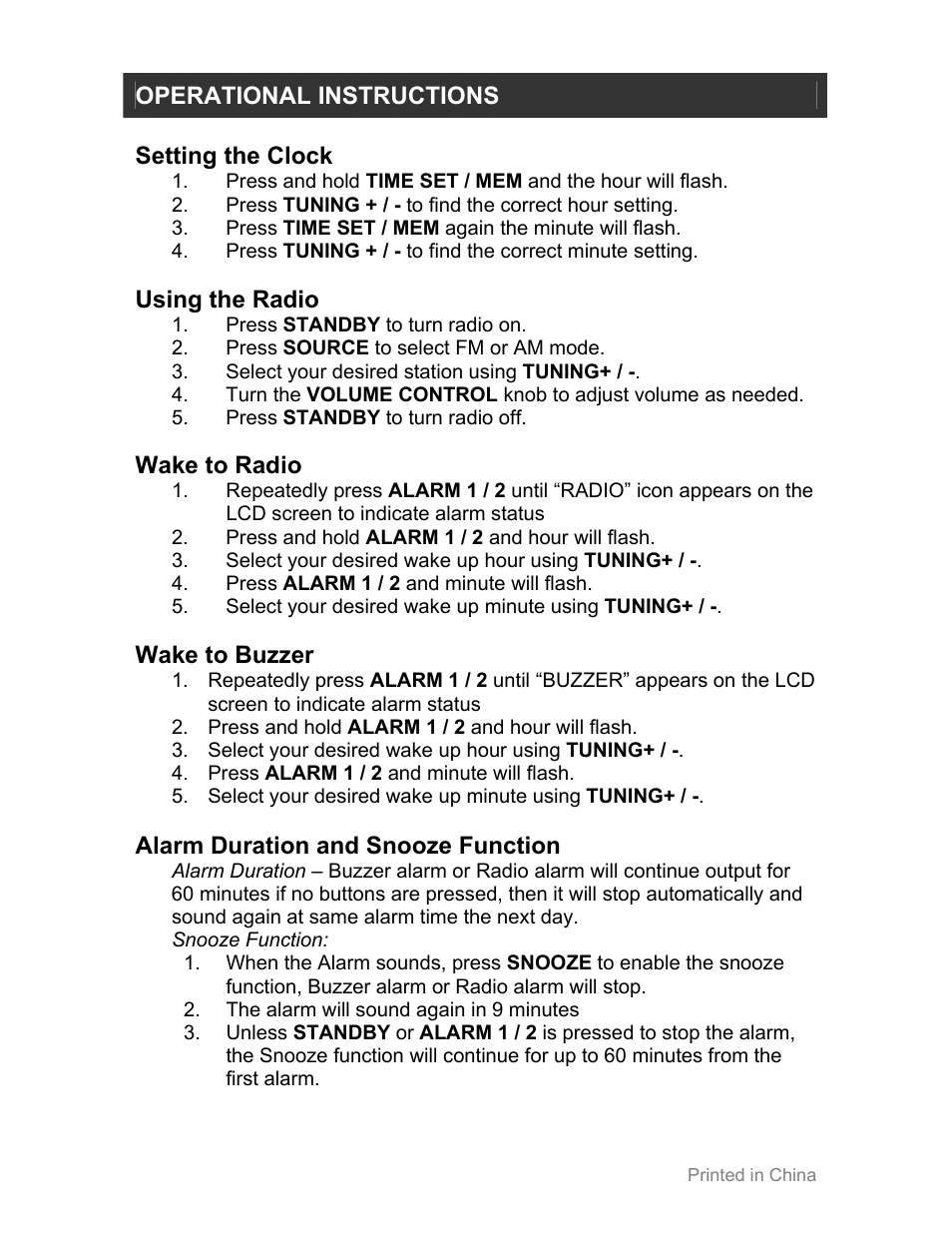 Operational instructions, Setting the clock, Using the radio | Wake to radio, Wake to buzzer, Alarm duration and snooze function | Jwin JL-355 User Manual | Page 4 / 12