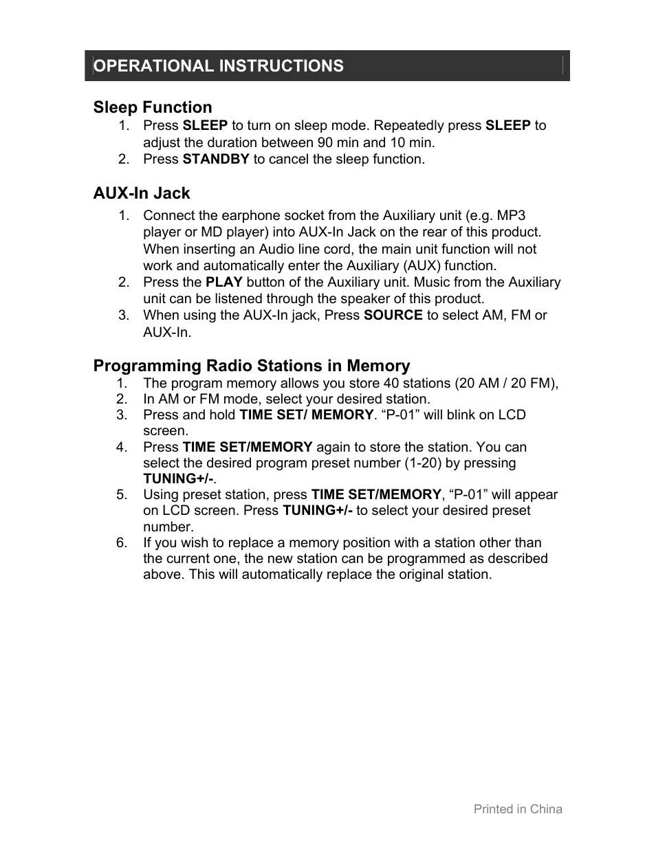 Operational instructions, Sleep function, Aux-in jack | Jwin JL-355 User Manual | Page 5 / 12