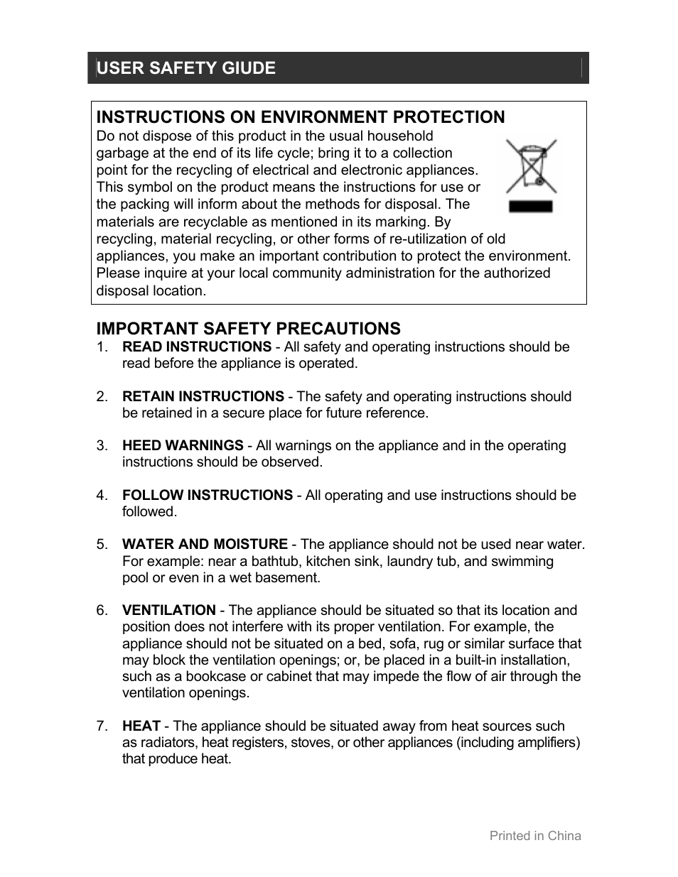 User safety giude, Instructions on environment protection, Important safety precautions | Jwin JL-355 User Manual | Page 8 / 12