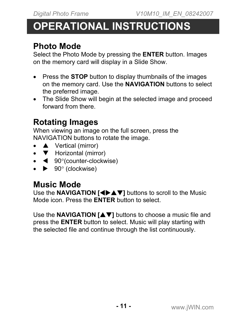 Operational instructions, Photo mode, Rotating images | Music mode | Jwin JP-119 User Manual | Page 12 / 20