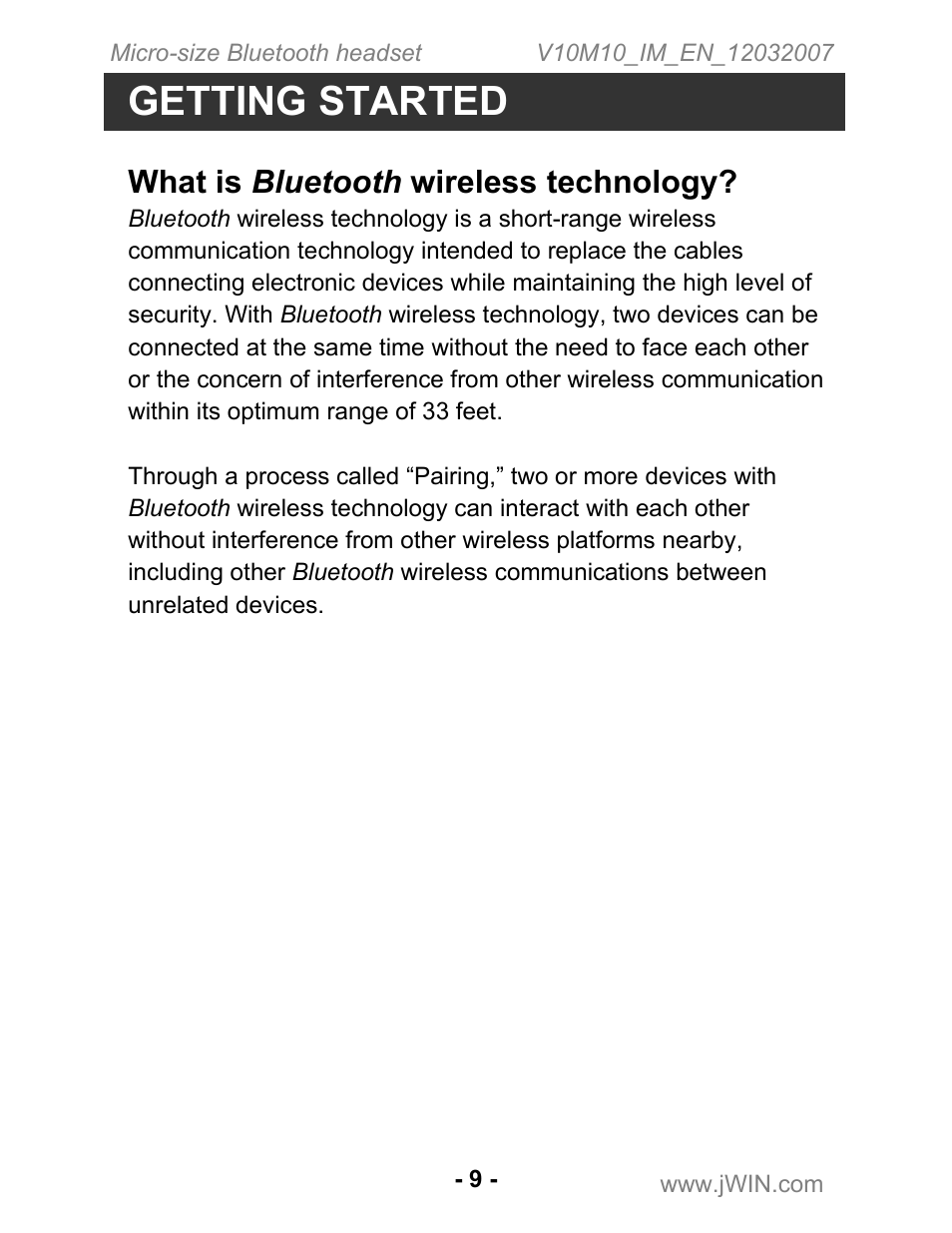 Getting started, What is bluetooth wireless technology | Jwin JB-TH210 User Manual | Page 10 / 20