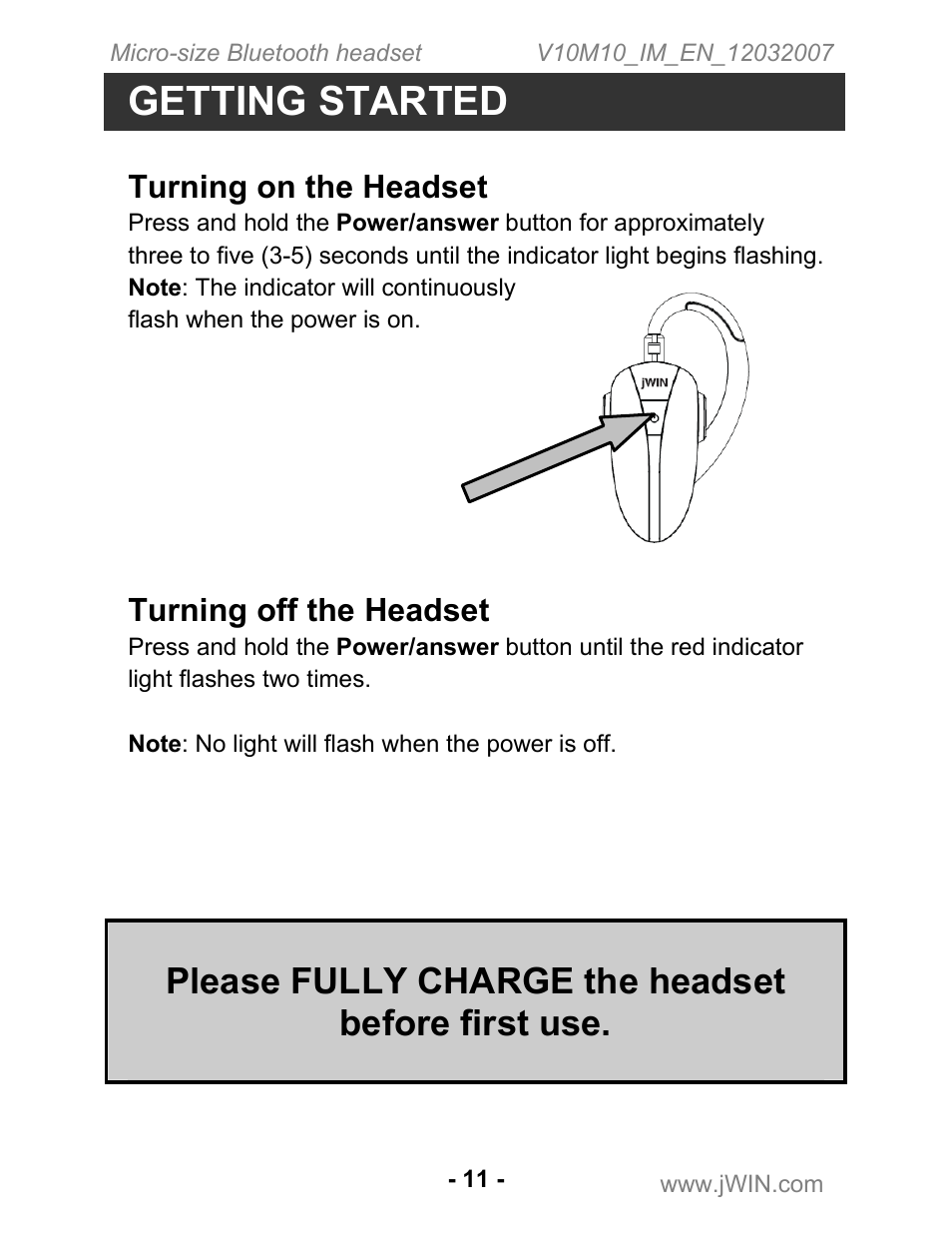 Getting started, Please fully charge the headset before first use | Jwin JB-TH210 User Manual | Page 12 / 20