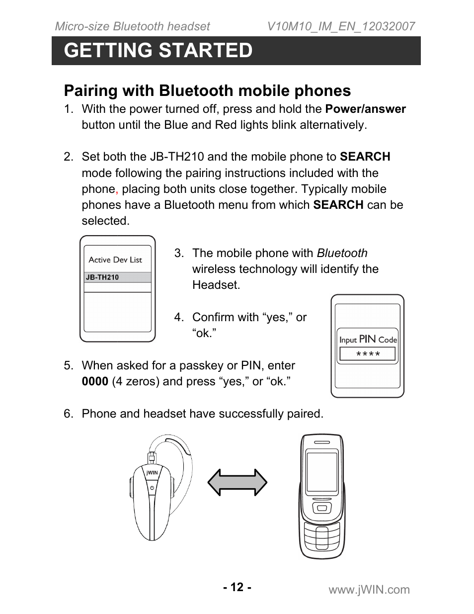 Getting started, Pairing with bluetooth mobile phones | Jwin JB-TH210 User Manual | Page 13 / 20