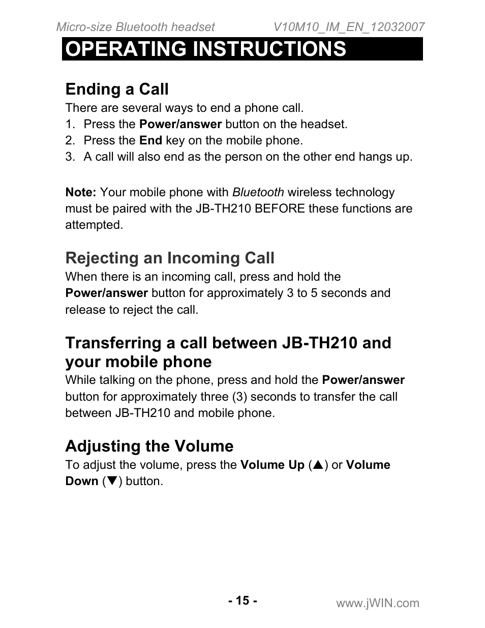 Operating instructions, Ending a call, Rejecting an incoming call | Adjusting the volume | Jwin JB-TH210 User Manual | Page 16 / 20