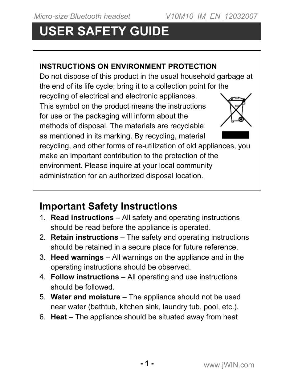 User safety guide, Important safety instructions | Jwin JB-TH210 User Manual | Page 2 / 20