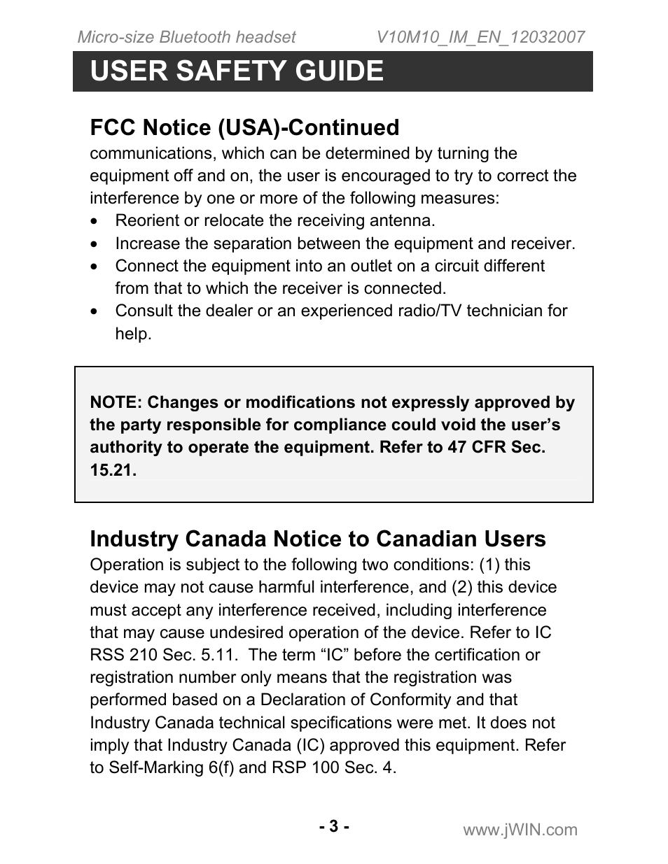 User safety guide, Fcc notice (usa)-continued, Industry canada notice to canadian users | Jwin JB-TH210 User Manual | Page 4 / 20
