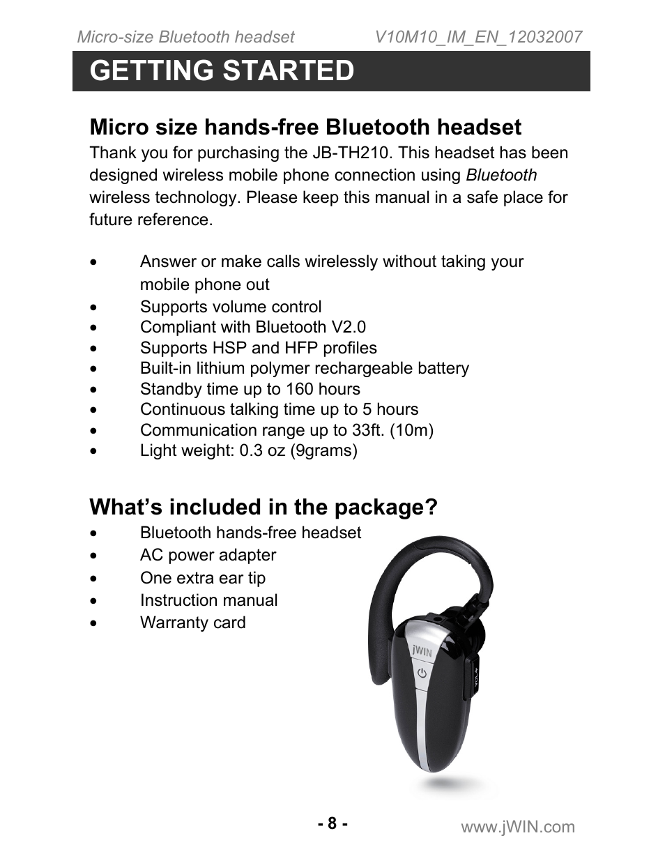 Getting started, Micro size hands-free bluetooth headset, What’s included in the package | Jwin JB-TH210 User Manual | Page 9 / 20