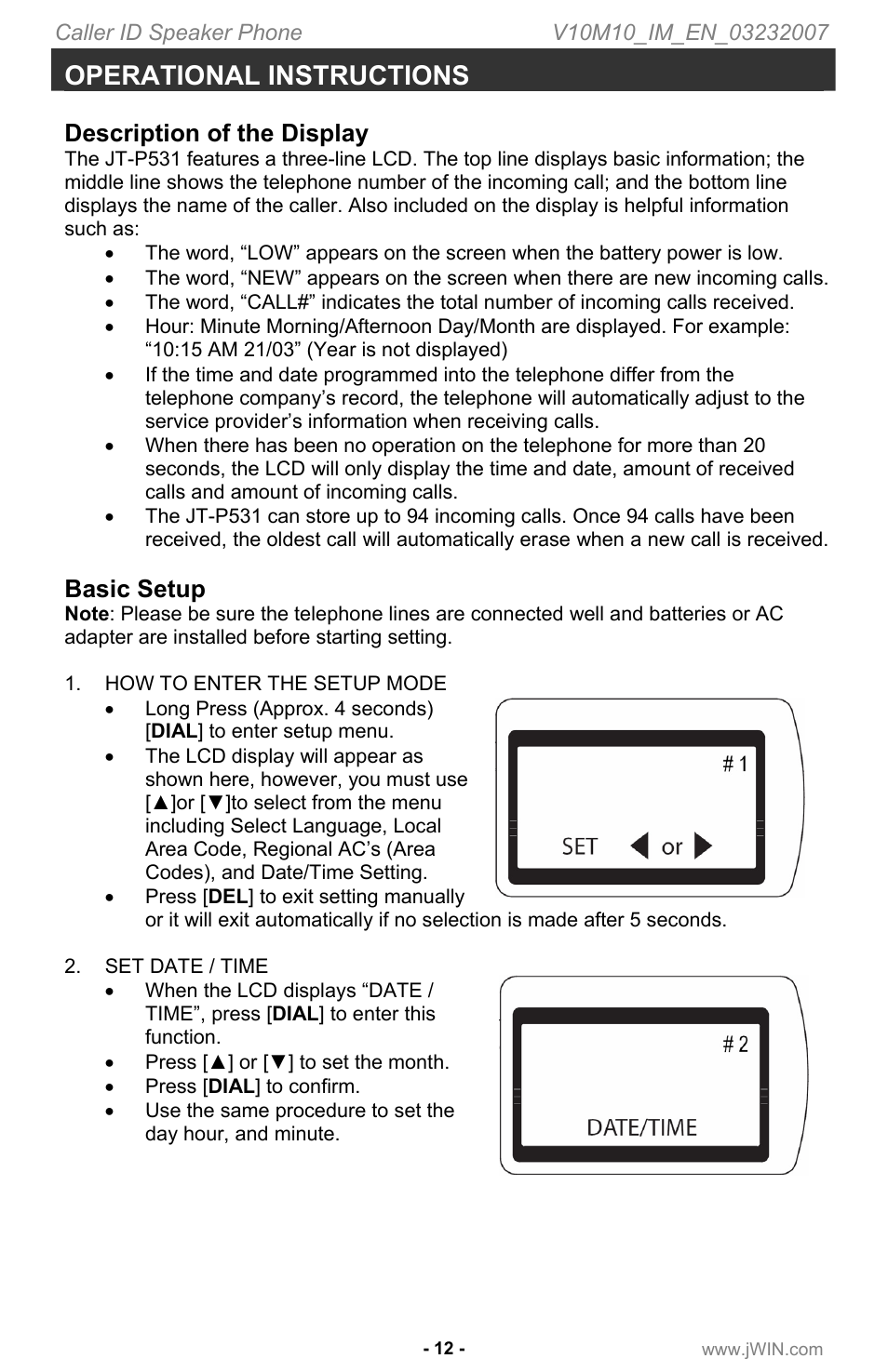 Operational instructions, Description of the display, Basic setup | Jwin JT P531 User Manual | Page 13 / 20