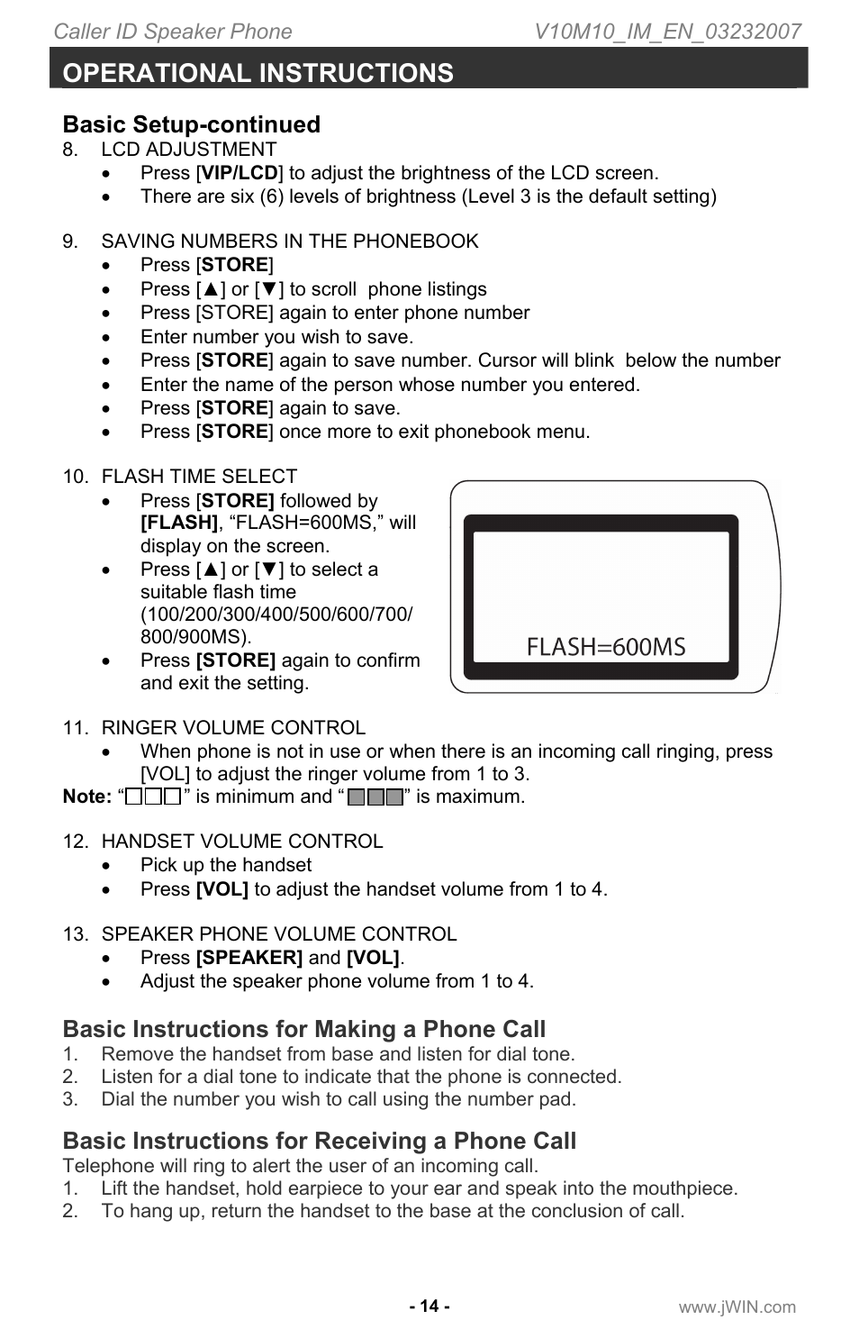 Operational instructions, Basic setup-continued, Basic instructions for making a phone call | Basic instructions for receiving a phone call | Jwin JT P531 User Manual | Page 15 / 20