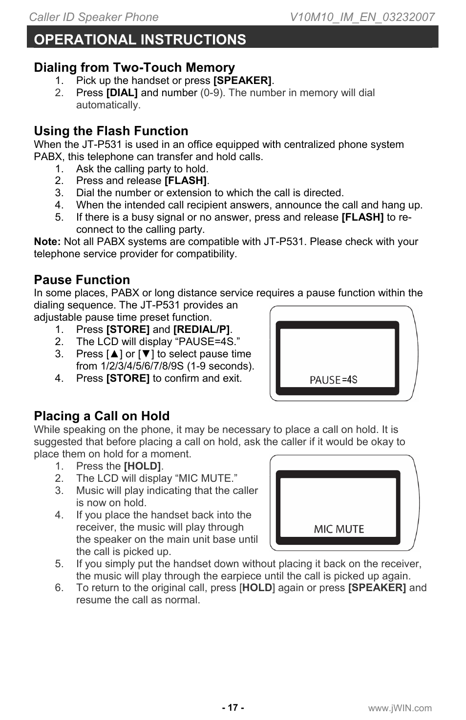 Operational instructions, Using the flash function, Pause function | Placing a call on hold | Jwin JT P531 User Manual | Page 18 / 20