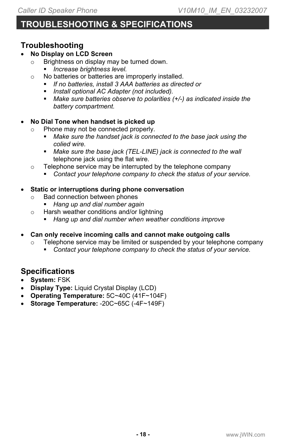 Troubleshooting & specifications, Troubleshooting, Specifications | Jwin JT P531 User Manual | Page 19 / 20