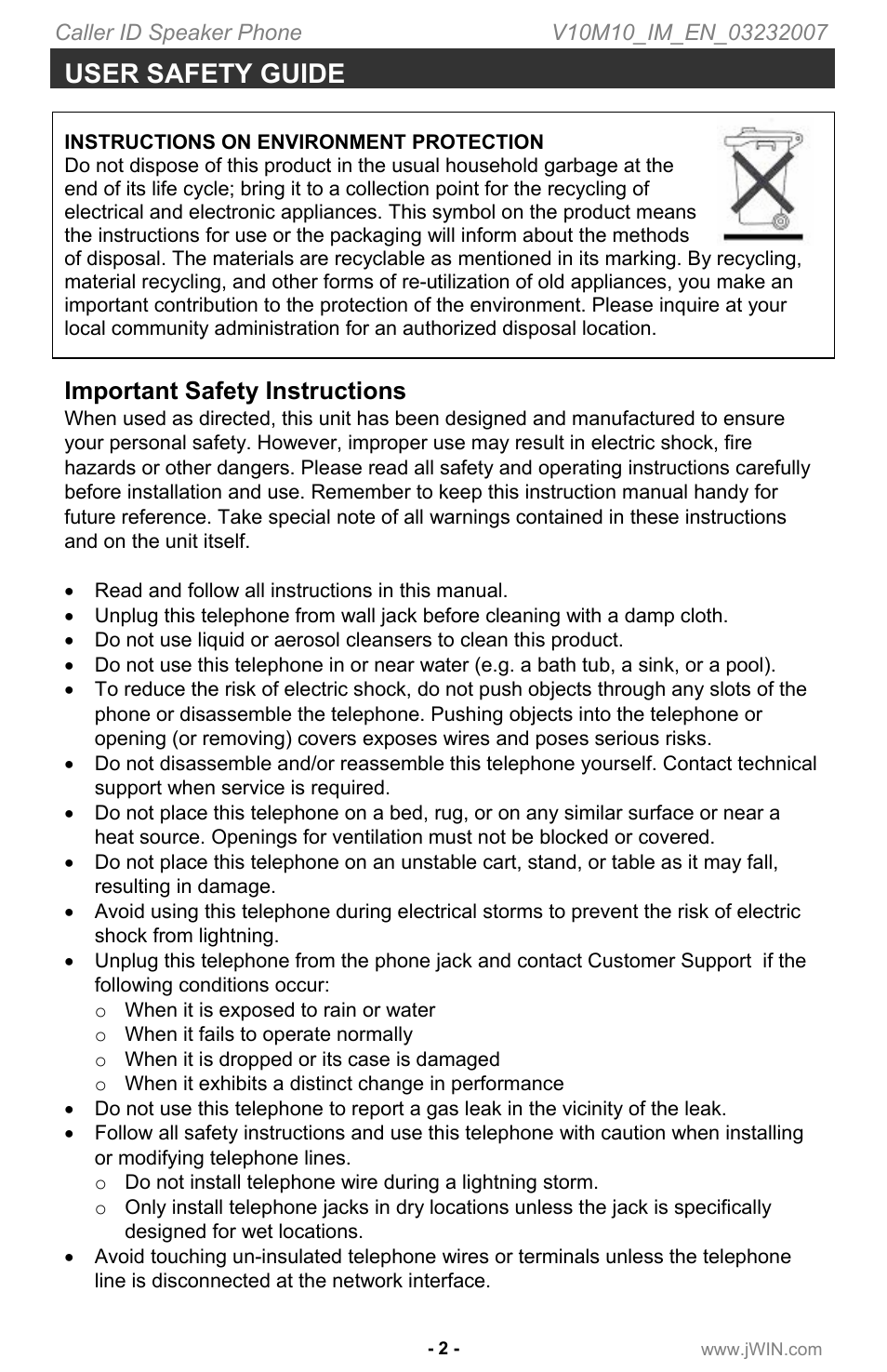 User safety guide, Important safety instructions | Jwin JT P531 User Manual | Page 3 / 20
