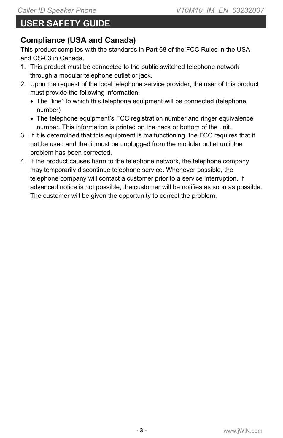 User safety guide, Compliance (usa and canada) | Jwin JT P531 User Manual | Page 4 / 20