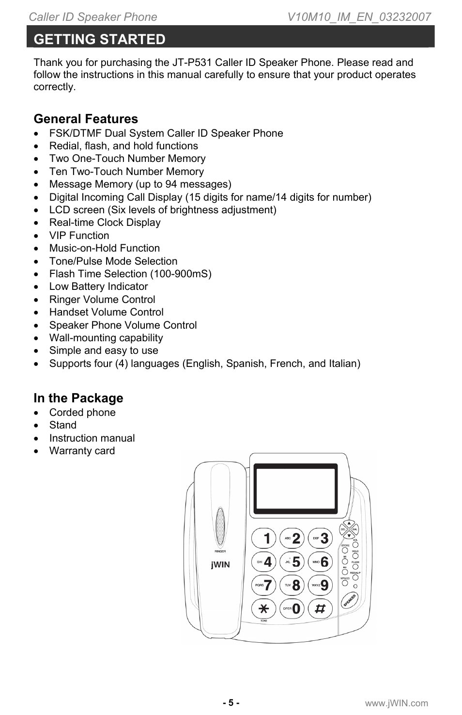 Getting started, General features | Jwin JT P531 User Manual | Page 6 / 20