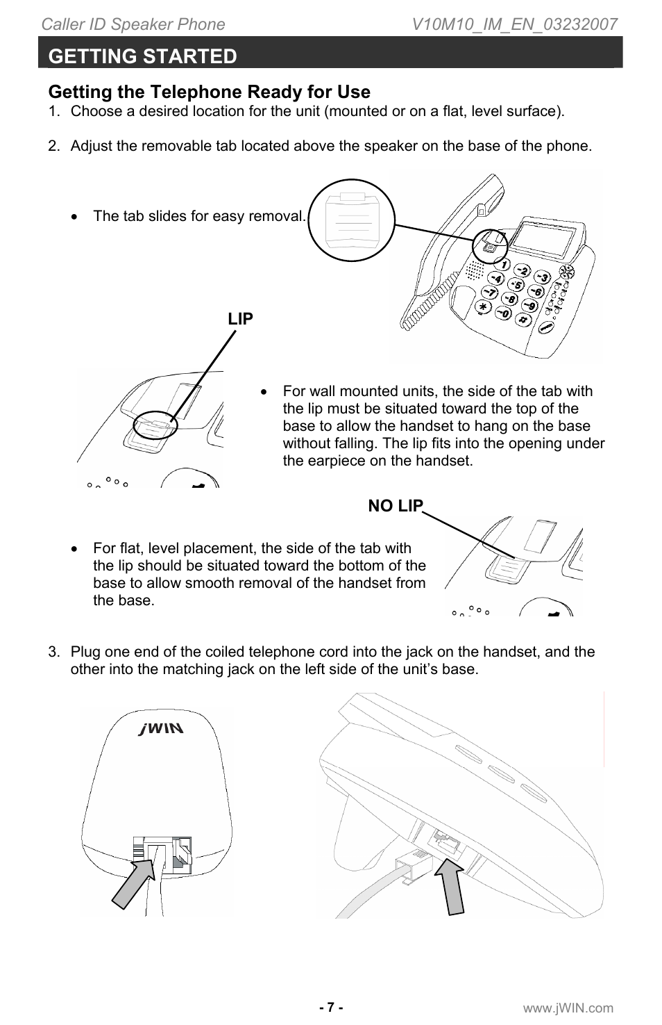 Getting started, Getting the telephone ready for use | Jwin JT P531 User Manual | Page 8 / 20