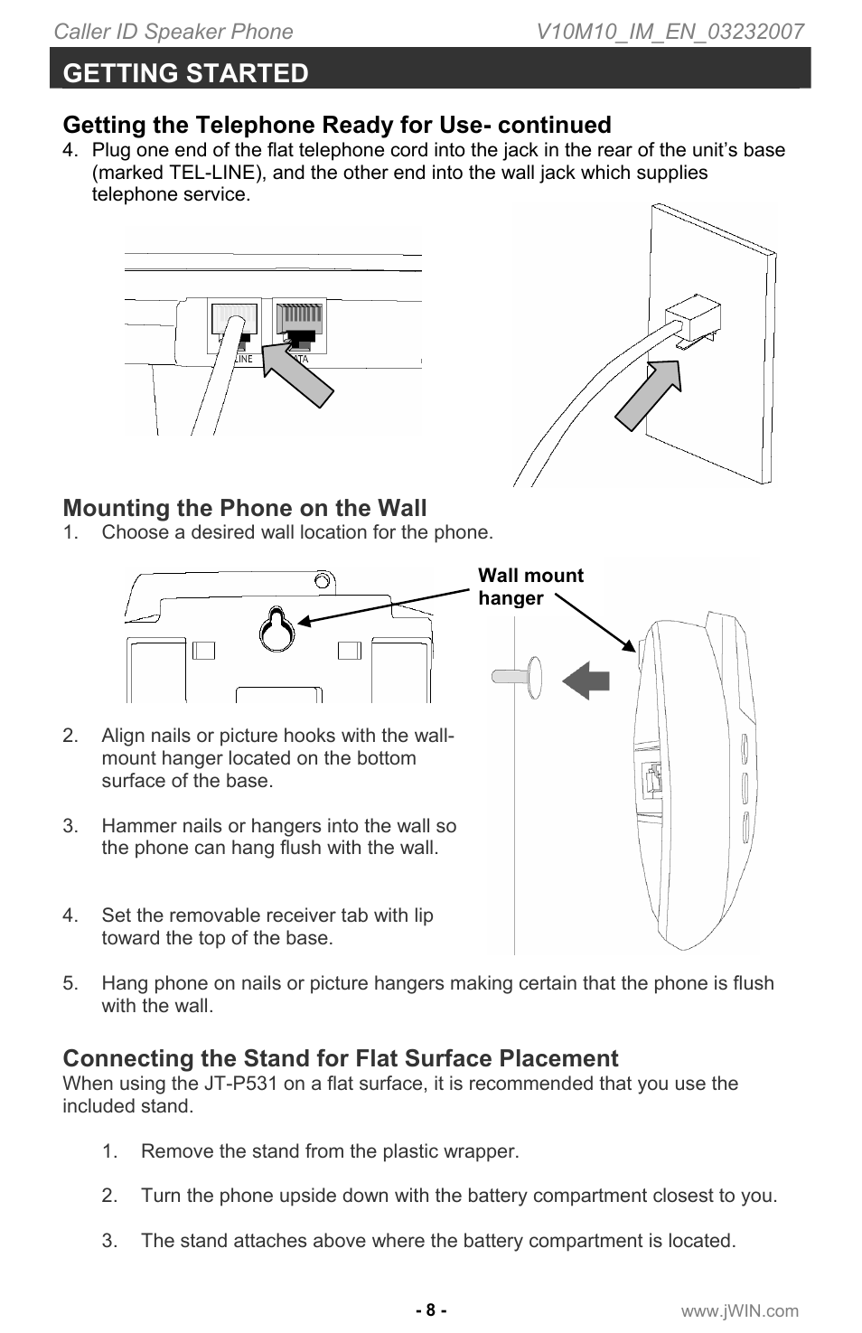 Getting started, Getting the telephone ready for use- continued, Mounting the phone on the wall | Connecting the stand for flat surface placement | Jwin JT P531 User Manual | Page 9 / 20
