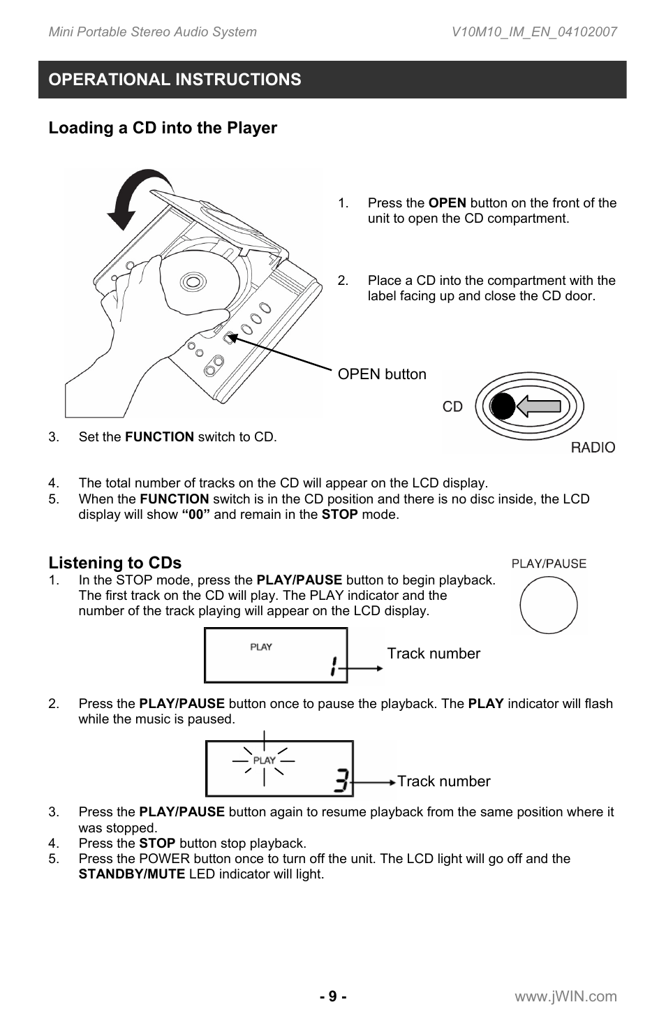 Listening to cds | Jwin JX-CD7160 User Manual | Page 10 / 16