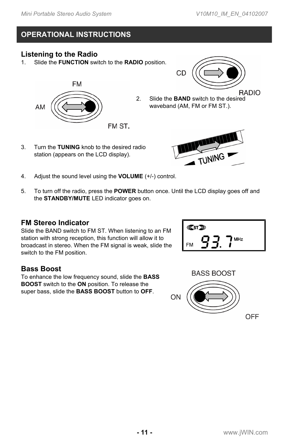 Operational instructions, Listening to the radio, Fm stereo indicator | Bass boost | Jwin JX-CD7160 User Manual | Page 12 / 16