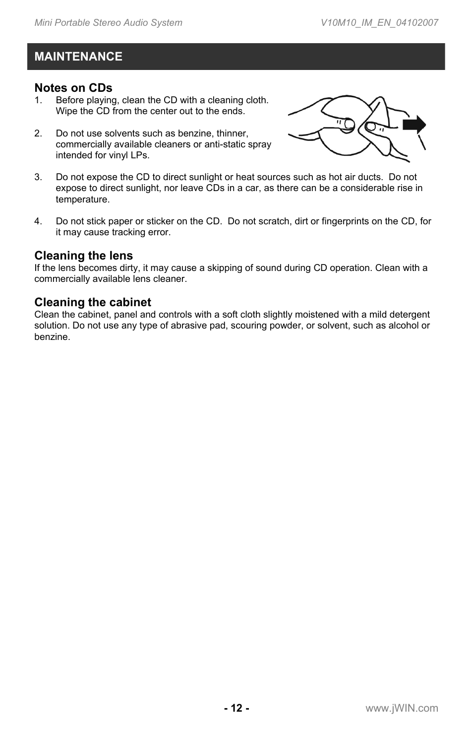 Maintenance, Cleaning the lens, Cleaning the cabinet | Jwin JX-CD7160 User Manual | Page 13 / 16