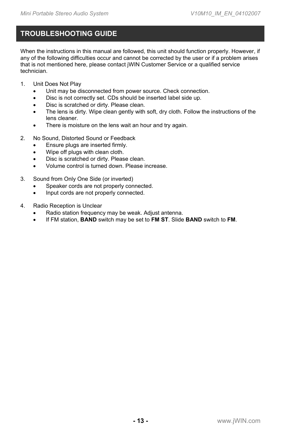 Troubleshooting guide | Jwin JX-CD7160 User Manual | Page 14 / 16