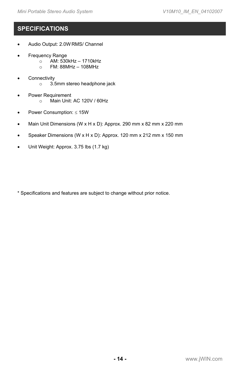 Specifications | Jwin JX-CD7160 User Manual | Page 15 / 16