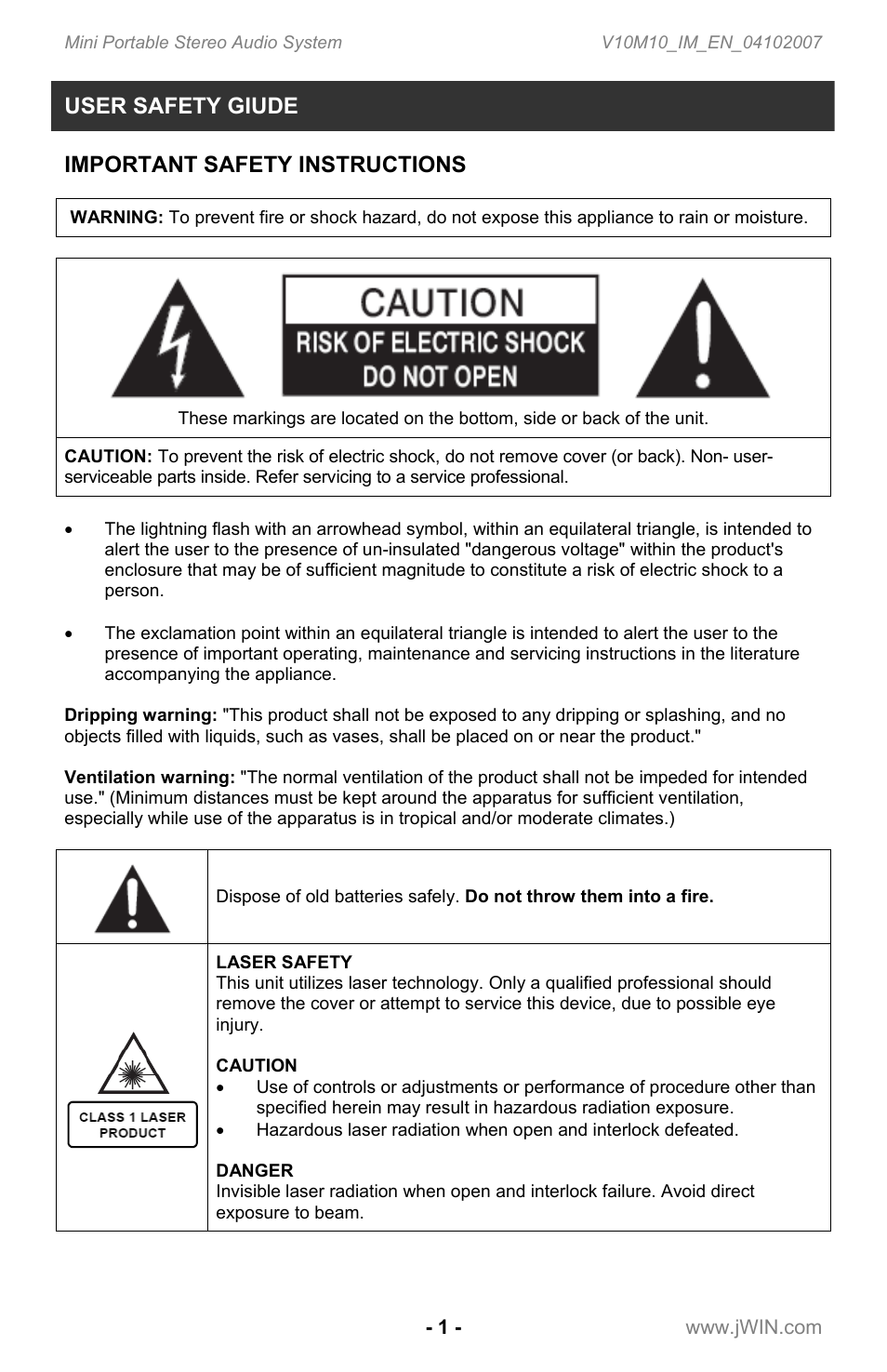 User safety giude, Important safety instructions | Jwin JX-CD7160 User Manual | Page 2 / 16