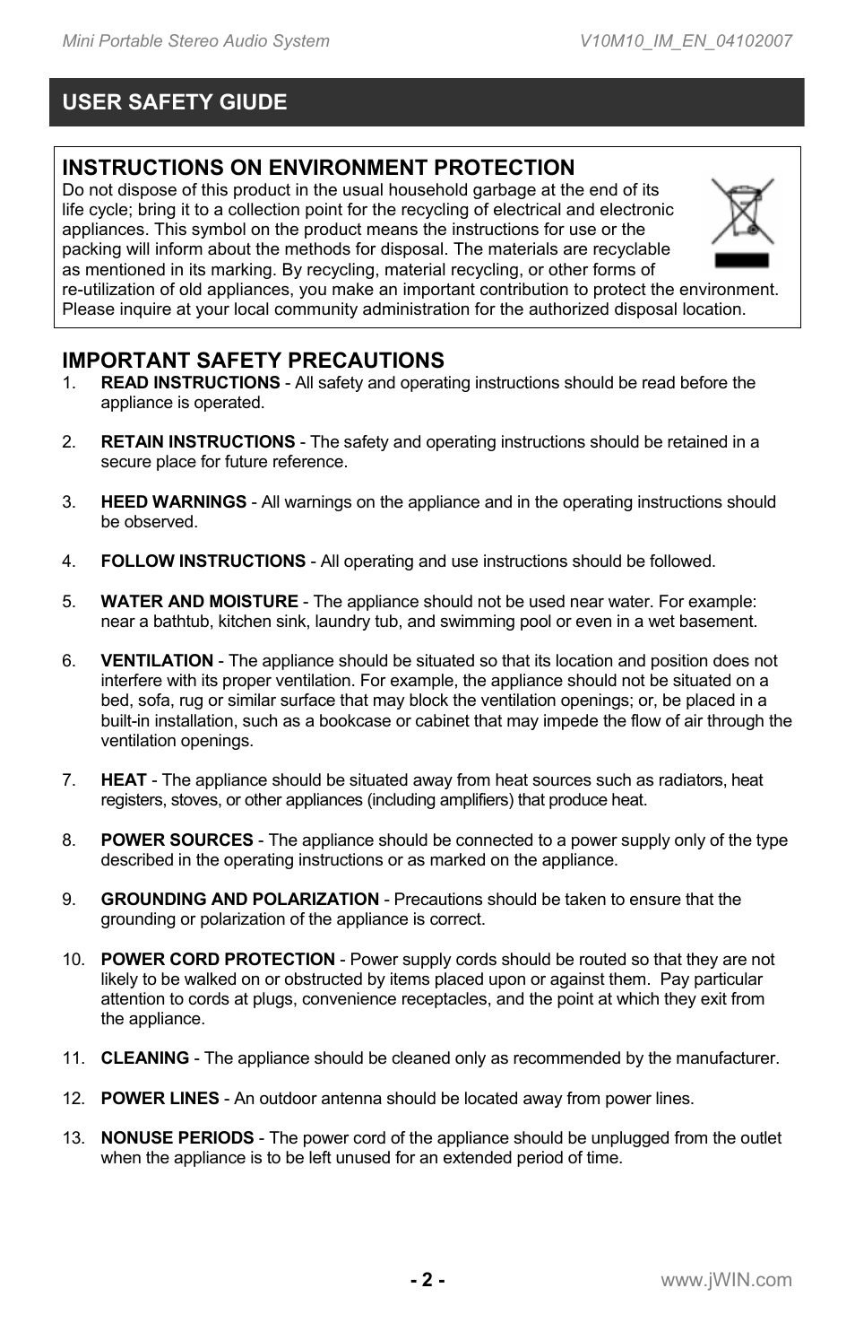 User safety giude, Instructions on environment protection, Important safety precautions | Jwin JX-CD7160 User Manual | Page 3 / 16