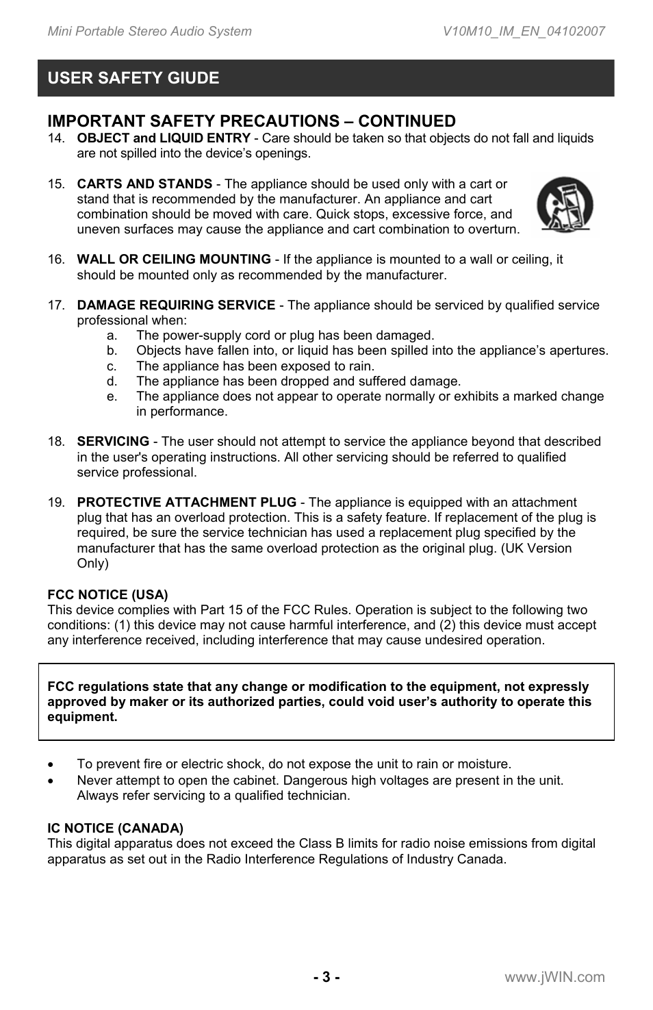 User safety giude, Important safety precautions – continued | Jwin JX-CD7160 User Manual | Page 4 / 16
