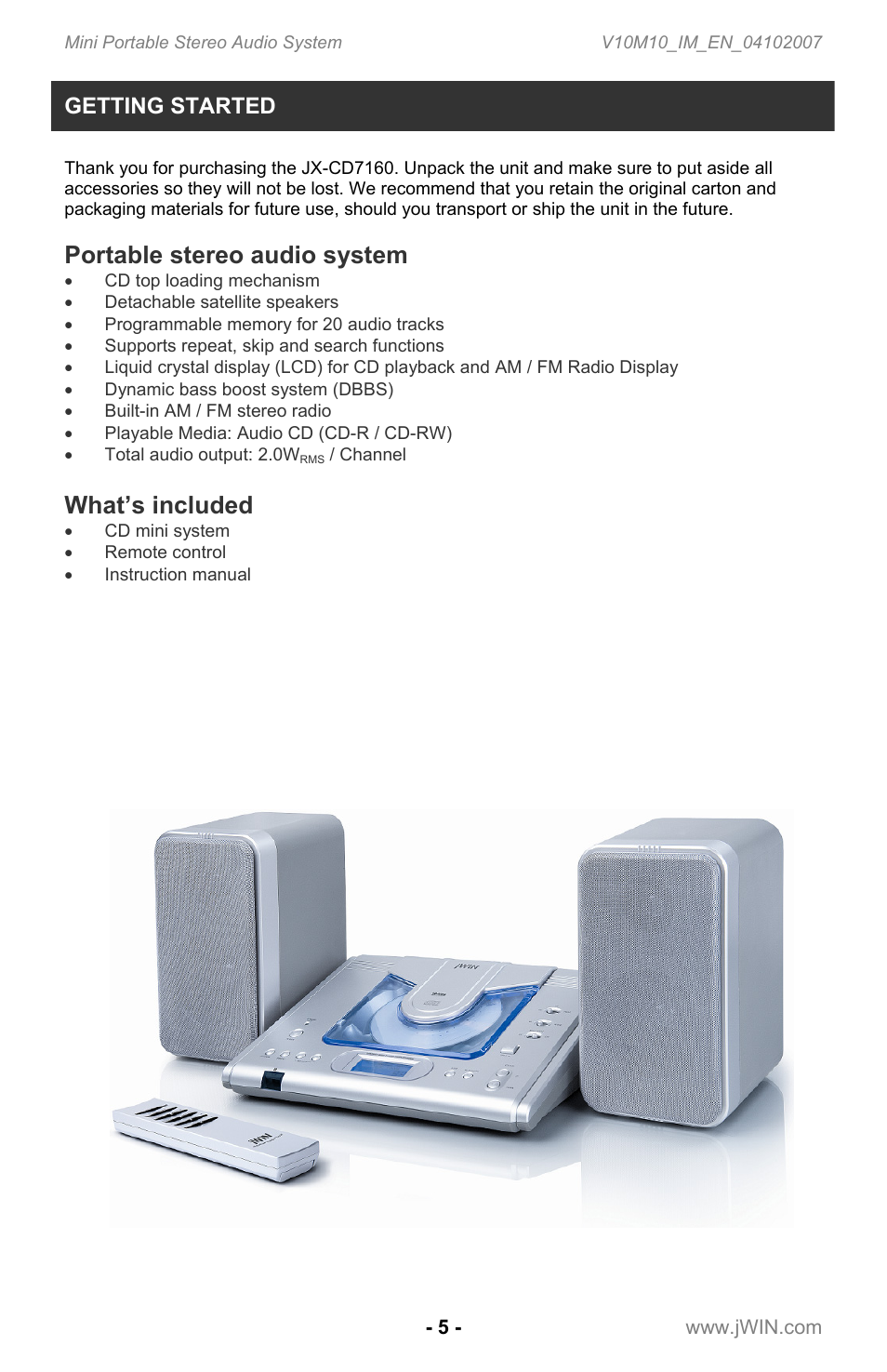 Portable stereo audio system, What’s included, Getting started | Jwin JX-CD7160 User Manual | Page 6 / 16