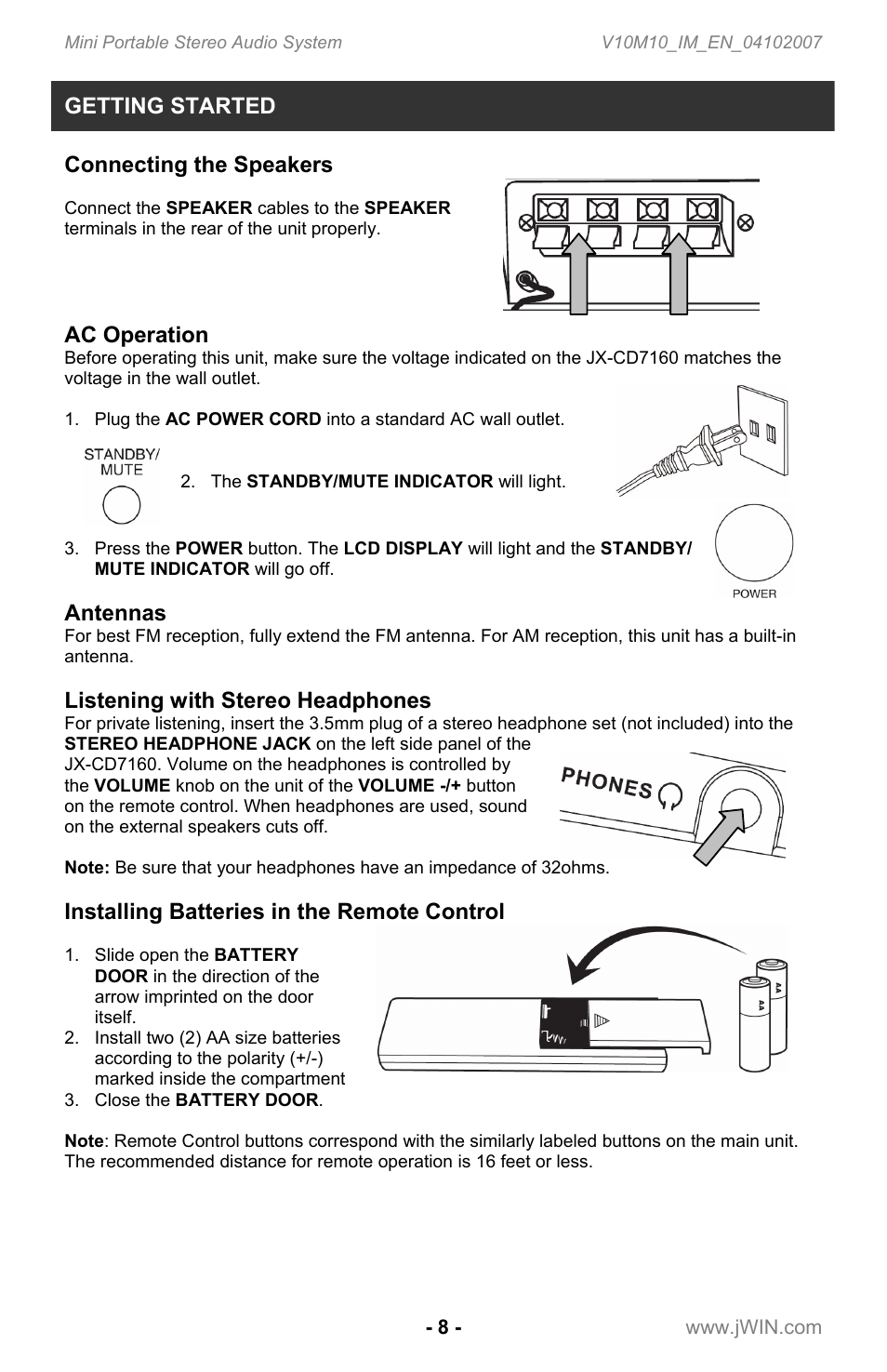 Getting started, Connecting the speakers, Ac operation | Antennas, Listening with stereo headphones, Installing batteries in the remote control | Jwin JX-CD7160 User Manual | Page 9 / 16