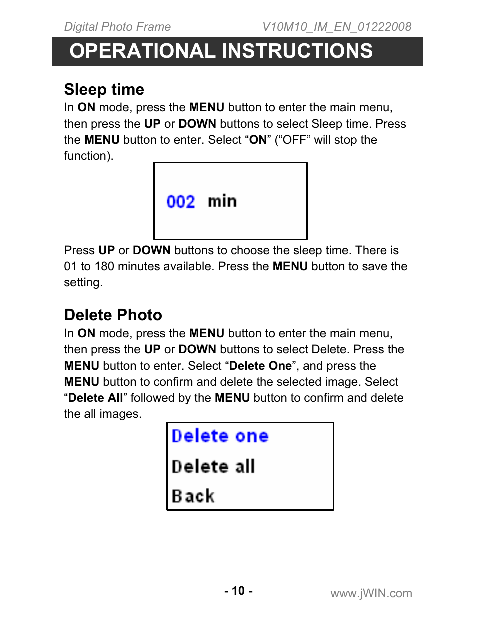 Operational instructions, Sleep time, Delete photo | Jwin JP-131 User Manual | Page 10 / 16