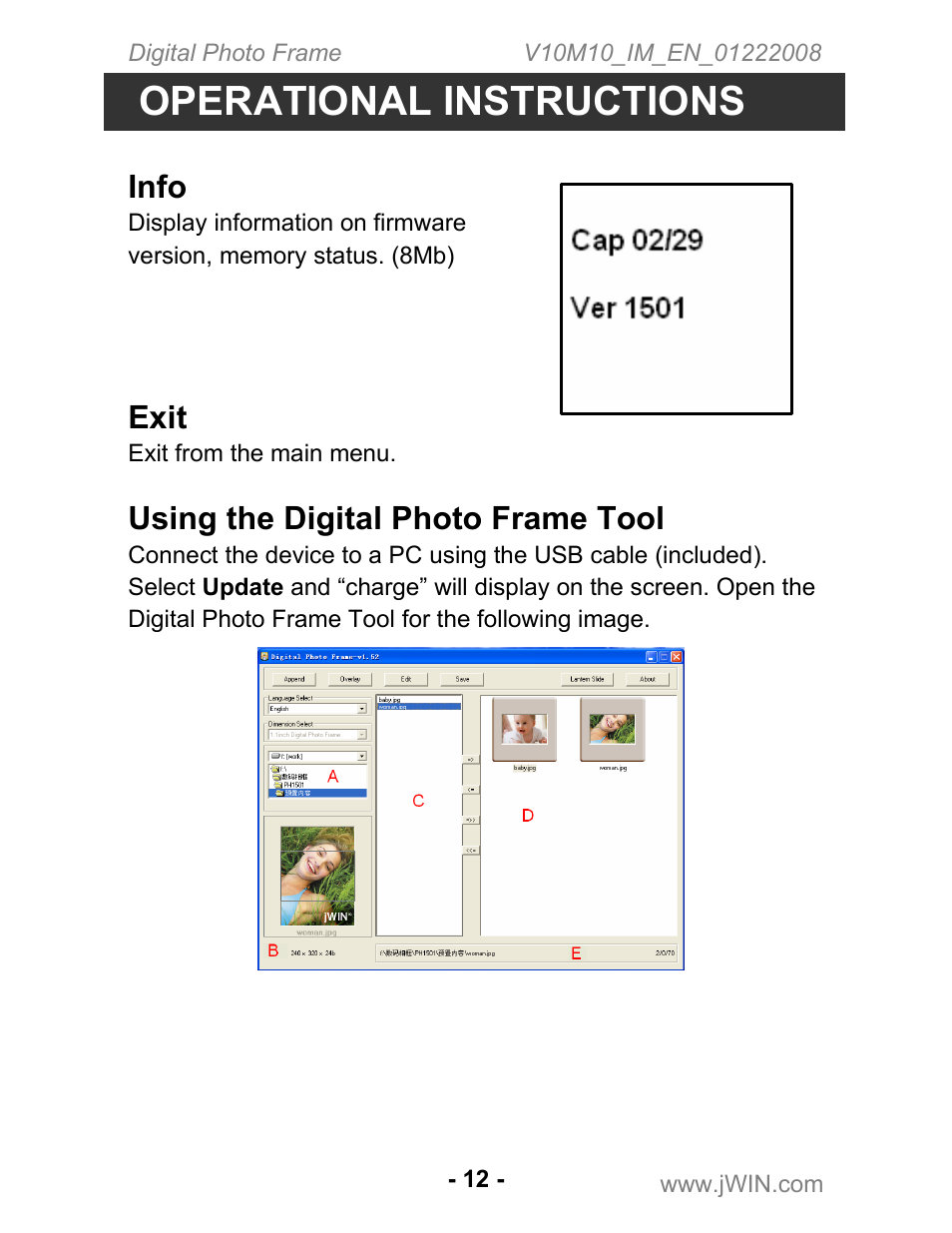 Operational instructions, Info, Exit | Using the digital photo frame tool | Jwin JP-131 User Manual | Page 12 / 16