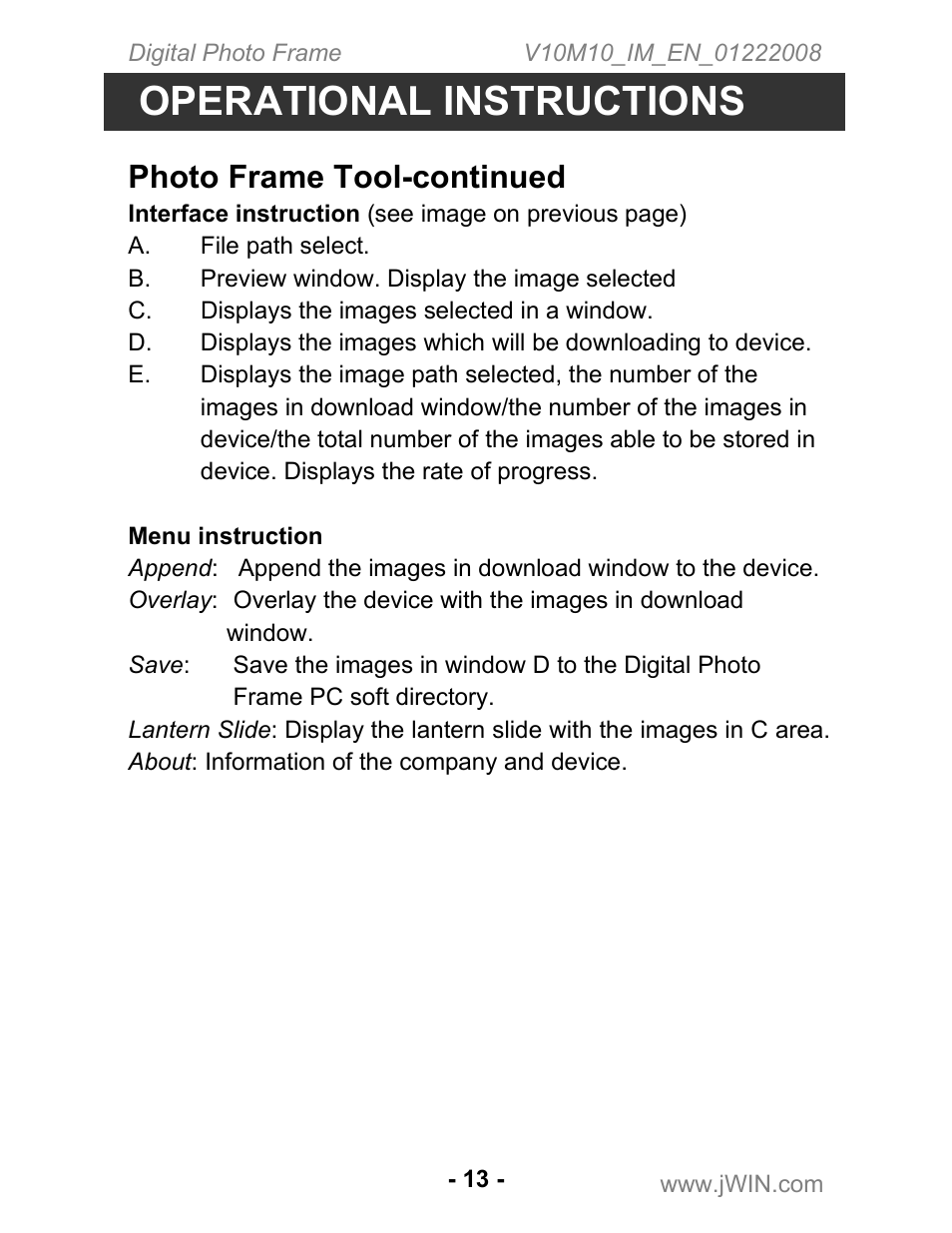 Operational instructions, Photo frame tool-continued | Jwin JP-131 User Manual | Page 13 / 16