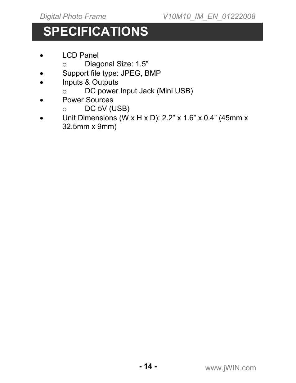 Specifications | Jwin JP-131 User Manual | Page 14 / 16