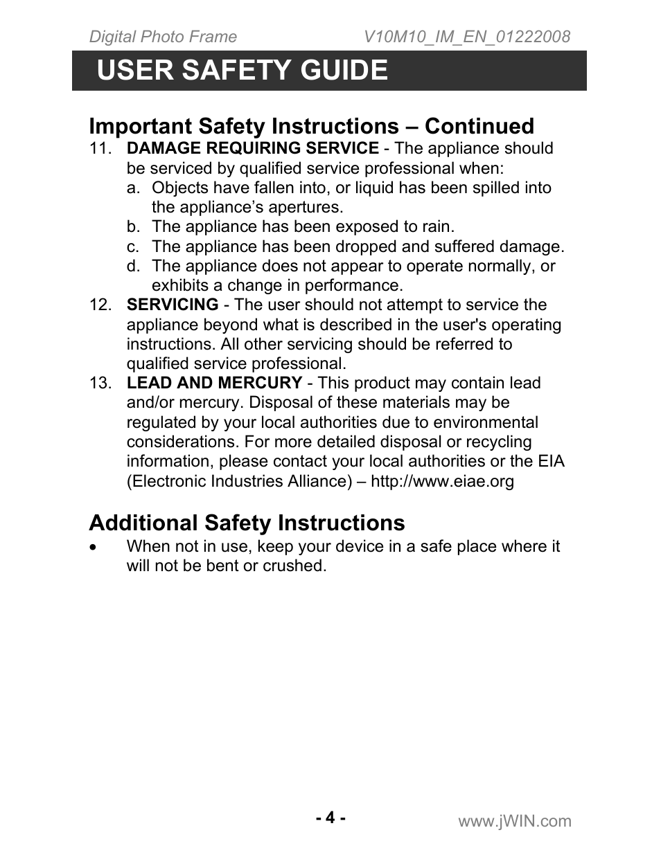 User safety guide, Important safety instructions – continued, Additional safety instructions | Jwin JP-131 User Manual | Page 4 / 16