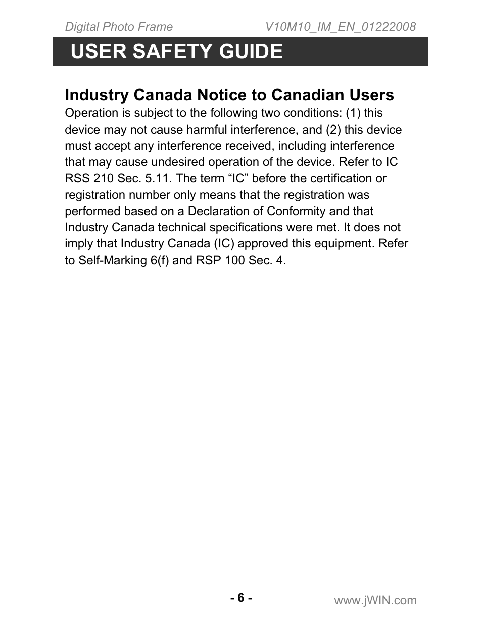 User safety guide, Industry canada notice to canadian users | Jwin JP-131 User Manual | Page 6 / 16