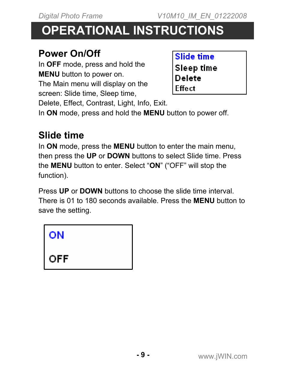 Operational instructions, Power on/off, Slide time | Jwin JP-131 User Manual | Page 9 / 16