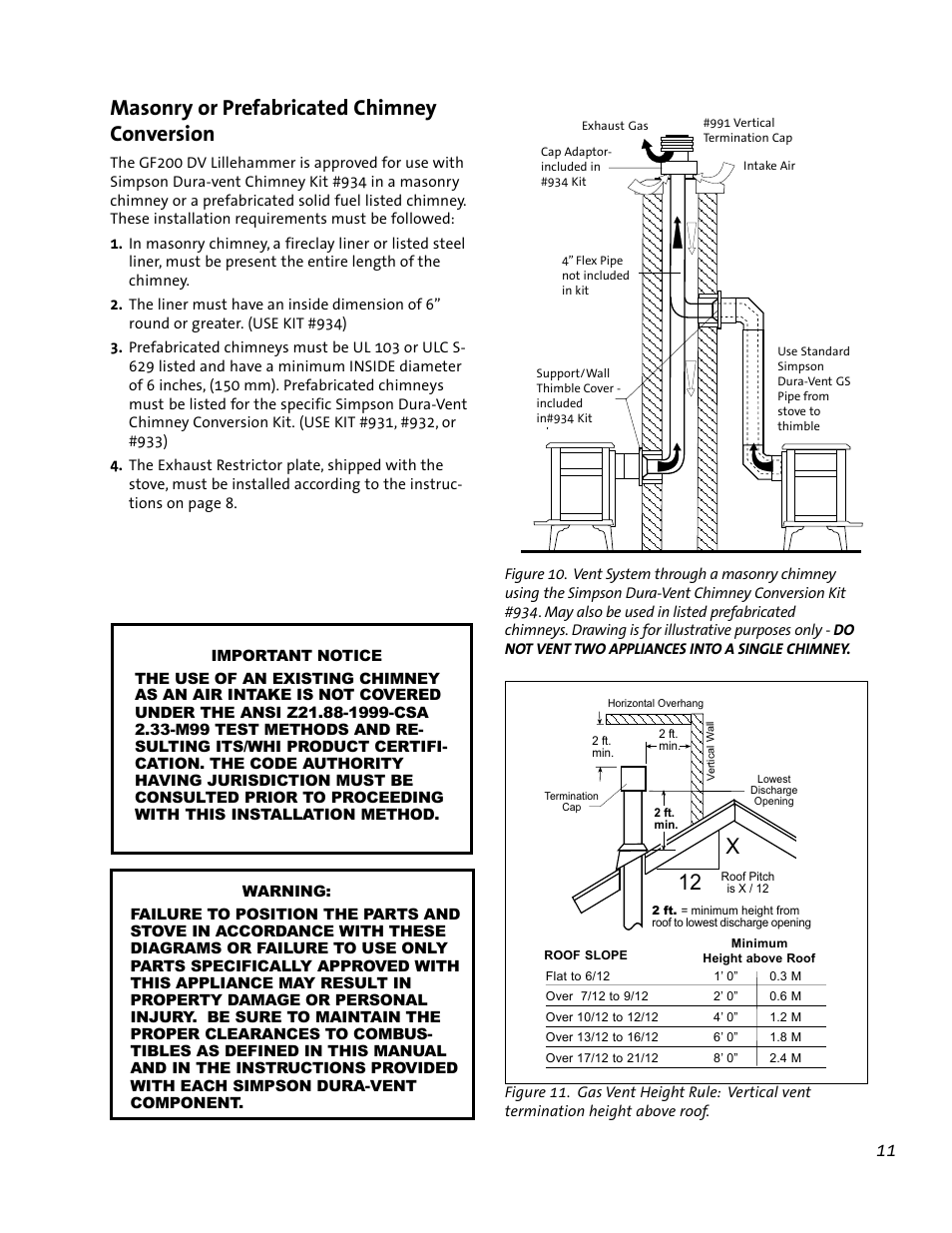 Masonry or prefabricated chimney conversion | Jotul GF 200 DV User Manual | Page 11 / 28