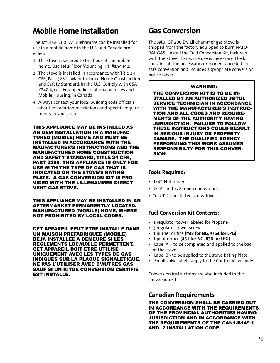 Mobile home installation, Gas conversion, Canadian requirements | Jotul GF 200 DV User Manual | Page 15 / 28