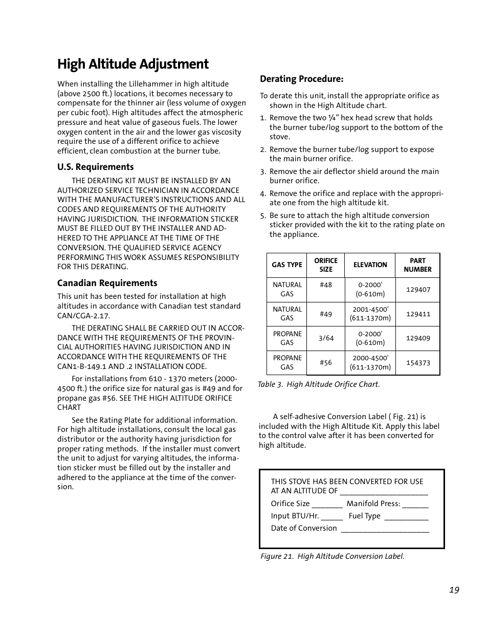 High altitude adjustment, 19 derating procedure, U.s. requirements | Canadian requirements | Jotul GF 200 DV User Manual | Page 19 / 28