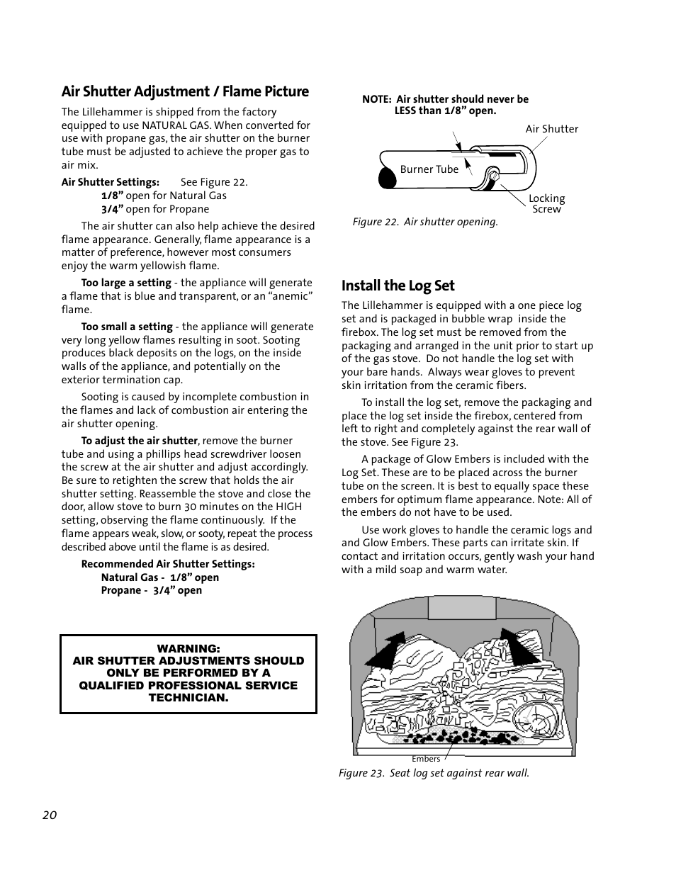 Install the log set, Air shutter adjustment / flame picture | Jotul GF 200 DV User Manual | Page 20 / 28