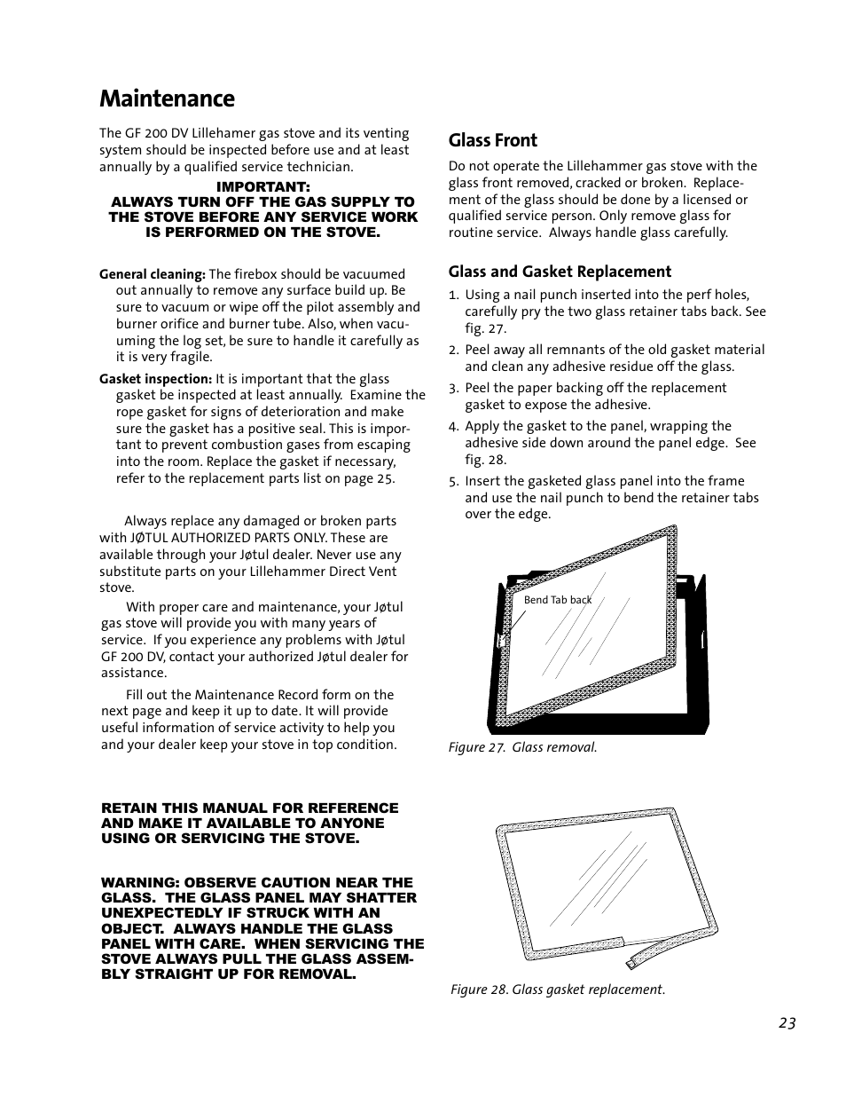 Maintenance, Glass front | Jotul GF 200 DV User Manual | Page 23 / 28