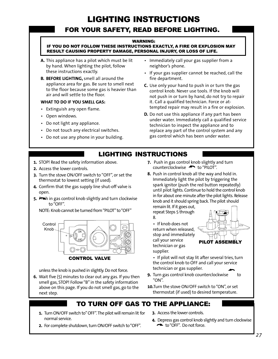 Lighting instructions, For your safety, read before lighting | Jotul GF 200 DV User Manual | Page 27 / 28