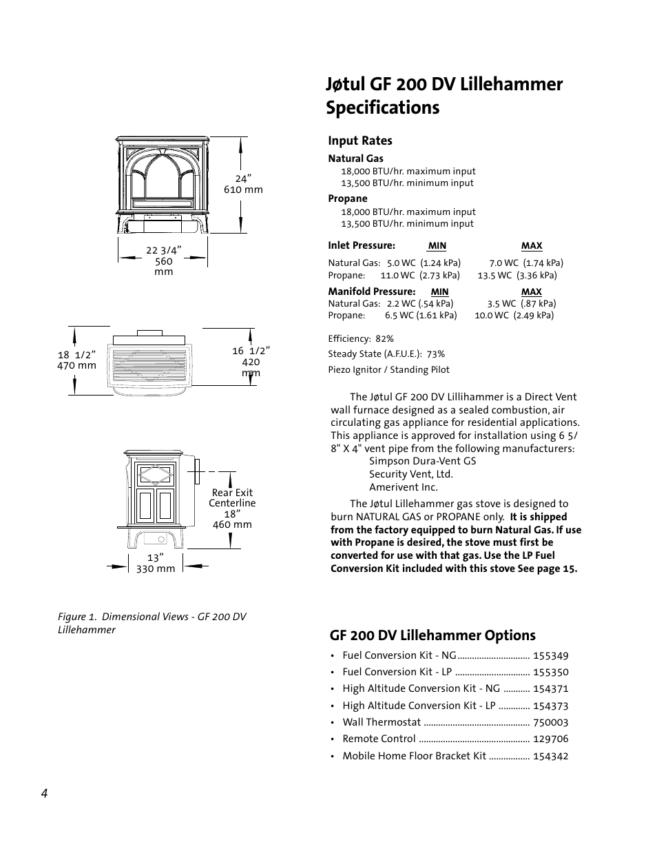 Jøtul gf 200 dv lillehammer specifications, Gf 200 dv lillehammer options | Jotul GF 200 DV User Manual | Page 4 / 28